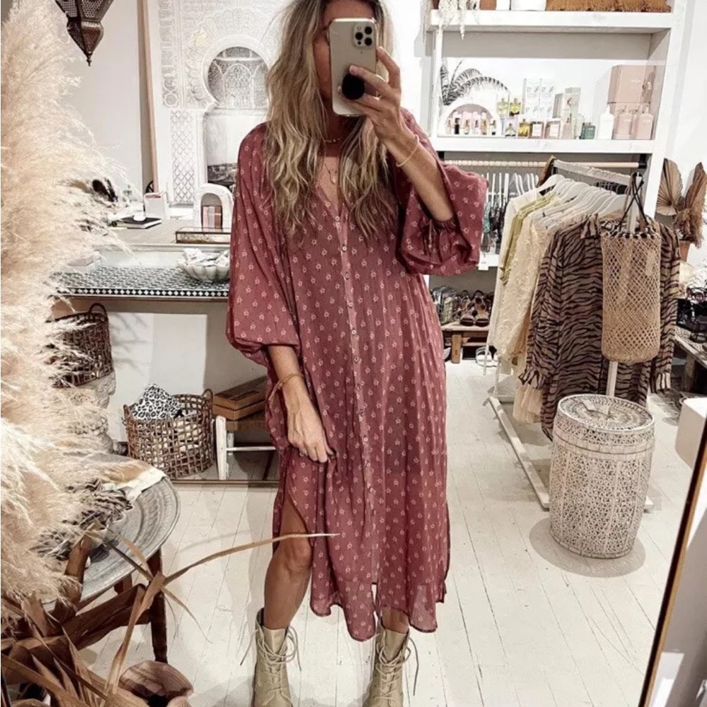 Spell Gypsy Utopia Button Through Midi Dress Organic Floral Tunic W Tie Berry L